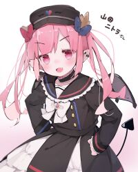 Rule 34 | 1girl, black choker, black dress, black headwear, blush, bow, buttons, character name, choker, collarbone, commentary request, cowboy shot, dress, ear piercing, fangs, fujiwara gacho, gradient background, hands on own hips, highres, indie virtual youtuber, long hair, long sleeves, looking at viewer, nitra yamada, nose blush, open mouth, piercing, pink background, pink eyes, pink hair, sidelocks, solo, tail, translated, twintails, v-shaped eyebrows, virtual youtuber, white background, white bow, wings