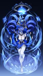 Rule 34 | 1girl, absurdres, arms up, black background, blue hair, breasts, casting spell, commentary request, detached sleeves, drill hair, full body, genshin impact, gold trim, gradient background, grey background, hair between eyes, headdress, highres, hizuki miya, knee up, layla (genshin impact), long hair, looking at viewer, magic, medium breasts, open mouth, pantyhose, solo, star (symbol), twin drills, white pantyhose, yellow eyes