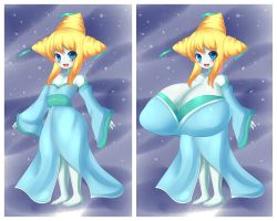 Rule 34 | 1girl, bare shoulders, barefoot, blonde hair, blue eyes, blush, breast expansion, breasts, creatures (company), feet, female focus, game freak, gen 3 pokemon, gigantic breasts, highres, japanese clothes, jcdr, jirachi, kimono, legendary pokemon, mythical pokemon, nintendo, personification, pokemon, solo