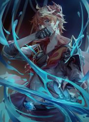 Rule 34 | 1boy, abs, absurdres, black gloves, blood, blood on face, blue eyes, earrings, genshin impact, gloves, hair between eyes, highres, huayi, jacket, jewelry, looking at viewer, male focus, mask, mask on head, orange hair, red mask, red scarf, scarf, single earring, solo, sparkle, tartaglia (genshin impact), toned, toned male, vision (genshin impact), water