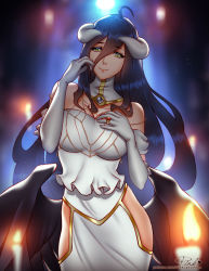 Rule 34 | 1girl, ahoge, albedo (overlord), bare shoulders, black hair, black wings, breasts, candle, cleavage, commentary, demon girl, demon horns, dress, elbow gloves, english commentary, feathered wings, gloves, hair between eyes, hand on own chest, highres, hip vent, horns, jewelry, large breasts, long hair, looking at viewer, low wings, no panties, ornate ring, overlord (maruyama), patreon username, pink lady mage, ring, smile, solo, very long hair, wedding ring, white dress, white gloves, wings, yellow eyes