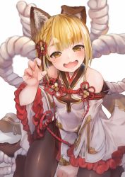 Rule 34 | 1girl, :3, animal ears, bare shoulders, blonde hair, blunt bangs, blurry, blush, braid, breasts, brown eyes, brown pantyhose, claw pose, clenched hand, depth of field, detached sleeves, dog ears, erune, french braid, granblue fantasy, hair ornament, highres, japanese clothes, looking at viewer, n:go, open mouth, pantyhose, rope, shimenawa, short hair, sitting, small breasts, smile, solo, vajra (granblue fantasy), wariza, white background, wide sleeves