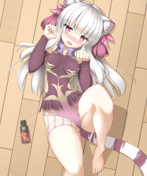 Rule 34 | 1girl, animal ears, bare legs, bare shoulders, barefoot, blunt bangs, blush, bottle, breasts, cameltoe, chinese clothes, commentary request, covered navel, detached sleeves, drooling, fang, floor, from above, haku (p&amp;d), heart, heart-shaped pupils, highres, impossible clothes, leotard, lilium0235, long hair, looking at viewer, lying, matatabi (flower), multicolored hair, on back, open mouth, paw pose, pet play, puzzle &amp; dragons, red eyes, red hair, skin tight, solo, spray bottle, symbol-shaped pupils, tail, thighs, tiger tail, two-tone hair, white hair, wooden floor