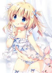 Rule 34 | 1girl, :q, ahoge, babydoll, blonde hair, blush, bow, breasts, cleavage, commentary request, curtains, fake wings, frills, gluteal fold, hair bow, halterneck, holding, holding stuffed toy, index finger raised, lace, lace-trimmed legwear, lace trim, lingerie, long hair, navel, original, pan (mimi), panties, small breasts, smile, solo, sparkle, stuffed animal, stuffed rabbit, stuffed toy, thighhighs, tongue, tongue out, two side up, underwear, wing hair ornament, wings, wristband