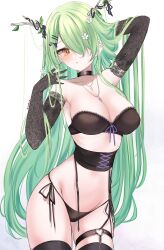 Rule 34 | 1girl, acedia, antlers, arm behind head, arm up, black bra, black choker, black panties, black sleeves, black thighhighs, blush, bra, breasts, ceres fauna, choker, detached sleeves, ear piercing, flower, green hair, hair flower, hair ornament, hair over one eye, hairpin, heart, heart choker, heart o-ring, highres, hololive, hololive english, horns, jewelry, large breasts, long hair, looking at viewer, necklace, o-ring, o-ring thigh strap, panties, piercing, side-tie panties, thigh strap, thighhighs, underwear, virtual youtuber, white background, yellow eyes