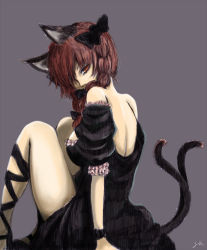 Rule 34 | 1girl, adapted costume, animal ears, arm support, bare shoulders, black dress, braid, breasts, brown hair, cat ears, cat tail, covered mouth, dress, frilled dress, frills, from side, ginji (sakaki summer), grey background, kaenbyou rin, large breasts, leg ribbon, looking at viewer, looking to the side, multiple tails, nekomata, nose, puffy short sleeves, puffy sleeves, red eyes, ribbon, short sleeves, signature, simple background, sitting, solo, tail, touhou, two tails, wrist cuffs