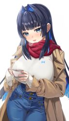 Rule 34 | 1girl, absurdres, black hair, blue eyes, blue hair, blue pants, blunt bangs, breasts, breath, brown coat, coat, coffee, coffee cup, colored inner hair, cowboy shot, cup, denim, disposable cup, ear piercing, fang, hair intakes, highres, holding, holding cup, hololive, hololive english, jeans, large breasts, long hair, long sleeves, multicolored hair, open clothes, open coat, open mouth, ouro kronii, ouro kronii (casual), pants, piercing, red scarf, scarf, simple background, skin fang, sleeves past wrists, smile, solo, sweater, two-tone hair, virtual youtuber, white background, white sweater, yan.c