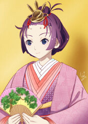 Rule 34 | 1girl, alternate costume, blue eyes, closed mouth, commentary request, dated, eyelashes, folding fan, forehead, gold headwear, hand fan, hirabitai, holding, huumoon, japanese clothes, kimono, layered clothes, layered kimono, monogatari (series), patterned clothing, pink kimono, print kimono, purple kimono, senjougahara hitagi, shadow, signature, smile, solo, topknot, upper body, white kimono, wide sleeves, yellow background