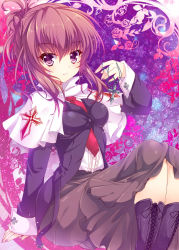 Rule 34 | 00s, 1girl, arm support, belt, boots, buttons, chikage (sister princess), cross, cross-laced footwear, cuff links, cuffs, dress, dress shirt, floral background, hinata momo, jacket, jewelry, long hair, long sleeves, looking at viewer, nail polish, necklace, necktie, purple eyes, purple hair, shawl, shirt, short ponytail, sidelocks, sister princess, sitting, solo