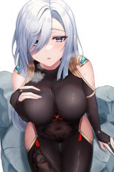Rule 34 | 1girl, absurdres, black bodysuit, blue eyes, blush, bodysuit, breast suppress, breasts, breath, clothing cutout, covered navel, cowboy shot, genshin impact, gloves, gold trim, hair between eyes, highres, hip vent, large breasts, long hair, looking at viewer, mikoto paint, parted lips, partially fingerless gloves, shenhe (genshin impact), shoulder cutout, sitting, solo, sweat, swept bangs, tassel, thighs, white hair