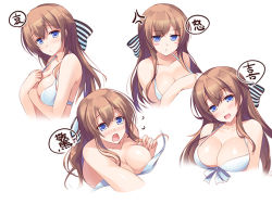 Rule 34 | 1girl, anger vein, blue eyes, blush, bow, breasts, brown hair, cleavage, hair bow, hands up, large breasts, long hair, massan, multiple views, open mouth, sample watermark, simple background, striped, striped bow, upper body, wardrobe malfunction, watermark, white background