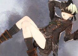Rule 34 | 1boy, bandolier, black coat, black footwear, black gloves, black shirt, black socks, blindfold, boots, brown footwear, buttons, coat, double-breasted, facing viewer, gloves, grey background, hand on own head, kneehighs, lapels, legs, long sleeves, male focus, nier:automata, nier (series), open mouth, reclining, shirt, shorts, socks, toi8, two-tone footwear, white hair, 9s (nier:automata)