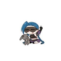 Rule 34 | 1girl, :q, arcane: league of legends, arcane jinx, asymmetrical bangs, black gloves, bowwow (hamju94), braid, brown shirt, chibi, detached sleeves, gloves, goggles, holding, jinx (league of legends), league of legends, lowres, pants, pink pants, pink sleeves, shirt, simple background, sitting, solo, striped clothes, striped pants, stuffed animal, stuffed rabbit, stuffed toy, tongue, tongue out, twin braids, twintails, white background