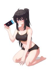 Rule 34 | 1girl, ahoge, artist request, bare arms, bare shoulders, barefoot, between legs, black hair, black shirt, black shorts, blue eyes, breasts, camisole, cleavage, closers, commission, crop top, dolphin shorts, genderswap, genderswap (mtf), groin, highres, holding, kneeling, long hair, looking at viewer, medium breasts, micro shorts, midriff, navel, nintendo switch, ponytail, second-party source, seha lee, seri lee, shirt, short shorts, shorts, sidelocks, simple background, sleeveless, sleeveless shirt, solo, spaghetti strap, stomach, thighs, white background