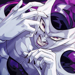 Rule 34 | 1boy, alien, angry, bad id, bad pixiv id, clenched teeth, collarbone, creepy, dragon ball, dragonball z, dutch angle, evil grin, evil smile, fingernails, frieza, grin, hands up, looking at viewer, male focus, muscular, no humans, purple eyes, purple lips, smile, solo, teeth, upper body, yagi2013