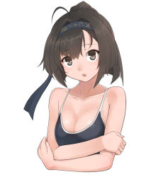 Rule 34 | 10s, 1girl, ahoge, akizuki (kancolle), bare shoulders, black eyes, black hair, breast hold, breasts, cleavage, collarbone, competition school swimsuit, crossed arms, hairband, kantai collection, konnyaku (kk-monmon), one-piece swimsuit, open mouth, ponytail, school swimsuit, simple background, solo, swimsuit, upper body, white background
