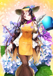 Rule 34 | 1girl, aile (crossroads), apron, bad id, bad pixiv id, brown apron, brown hair, brown skirt, closed mouth, copyright request, detached sleeves, feet out of frame, fingernails, flower, gradient hair, hat, head tilt, holding, holding watering can, hydrangea, layered sleeves, light brown hair, long hair, long sleeves, looking at viewer, multicolored hair, official art, pinky out, pleated skirt, puffy short sleeves, puffy sleeves, purple flower, red eyes, shears, shirt, short over long sleeves, short sleeves, skirt, sleeves past wrists, smile, solo, standing, straw hat, very long hair, watering can, white flower, white shirt