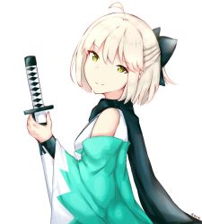 Rule 34 | 1girl, ahoge, artist name, black bow, black scarf, bow, closed mouth, detached sleeves, fate/grand order, fate (series), green eyes, hair bow, half updo, head tilt, holding, holding sheath, japanese clothes, katana, kimono, light brown hair, long sleeves, looking at viewer, looking to the side, okita souji (fate), okita souji (koha-ace), rocm (nkkf3785), scarf, sheath, sheathed, short hair, simple background, sleeveless, sleeveless kimono, smile, solo, sword, weapon, white background, wide sleeves