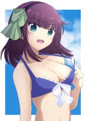 Rule 34 | 1girl, :d, alternate costume, angel beats!, arm at side, bikini, bikini tug, black hairband, blue background, blue bikini, blunt bangs, blush, bow, breasts, cleavage, collarbone, commentary, frilled bikini, frills, green bow, green eyes, hair bow, hairband, halterneck, highres, index finger raised, lelie (lelie link), looking at viewer, medium breasts, motion lines, nakamura yuri, open mouth, purple hair, simple background, smile, solo, straight hair, swimsuit, upper body