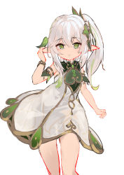 Rule 34 | 1girl, absurdres, bare shoulders, closed mouth, dress, float-dian, genshin impact, gradient hair, green eyes, green hair, hair between eyes, hand up, highres, multicolored hair, nahida (genshin impact), pointy ears, side ponytail, simple background, sleeveless, sleeveless dress, smile, solo, thighs, white background, white dress, white hair