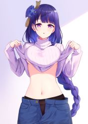 Rule 34 | 1girl, alternate costume, black pantyhose, blue pants, braid, breasts, casual, clothes lift, cowboy shot, denim, genshin impact, hair ornament, hands up, highres, large breasts, lifting own clothes, long hair, long sleeves, looking at viewer, midriff, miso (misomiso 154), mole, mole under eye, navel, open fly, pants, pantyhose, parted lips, purple eyes, purple hair, raiden shogun, ribbed sweater, single braid, solo, stomach, sweater, sweater lift, very long hair, white sweater