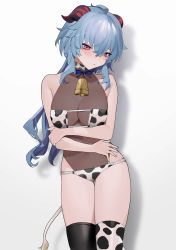 Rule 34 | 1girl, absurdres, ahoge, animal print, bare shoulders, bebe (bebe pp), bell, bikini, blue hair, blue nails, blush, breasts, cleavage, cow print, cow tail, cowbell, embarrassed, female focus, ganyu (genshin impact), genshin impact, half-closed eyes, highres, horns, leotard, long hair, looking at viewer, nail polish, parted lips, purple eyes, simple background, solo, swimsuit, tail, thighhighs