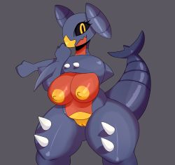 Rule 34 | 1girl, absurdres, arm up, black sclera, breasts, cleft of venus, clenched hand, colored sclera, creatures (company), dragon, female focus, furry, furry female, game freak, garchomp, gen 4 pokemon, grey background, hand up, highres, huge breasts, legs apart, looking at viewer, nintendo, nipples, nude, pokemon, pokemon (creature), pokemon dppt, pussy, shiny skin, simple background, solo, somescrub, standing, stretching, tail, thick thighs, thighs, uncensored, yellow eyes