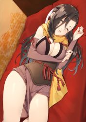 Rule 34 | 1girl, black hair, blush, breasts, cleavage, closed eyes, fire emblem, fire emblem fates, hair over one eye, kagero (fire emblem), large breasts, long hair, lying, nintendo, on side, ponytail, scarf, solo, yappen