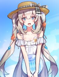 Rule 34 | 1girl, ball, bare shoulders, blue eyes, blush, breasts, brown hat, cleavage, collarbone, dress, fate/grand order, fate (series), hat, hat ribbon, holding, holding ball, marie antoinette (fate), marie antoinette (fate/grand order), marie antoinette (swimsuit caster) (fate), open mouth, outdoors, plaid, plaid ribbon, ribbon, shell hair ornament, small breasts, solo, starfish hair ornament, sundress, twintails, upper body, white dress, yurizuka (sergeant heart)
