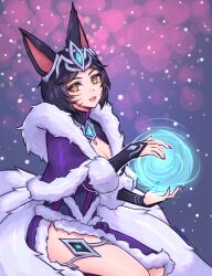 Rule 34 | 1girl, ahri (league of legends), animal ears, artist name, black hair, breasts, cleavage, facial mark, fox ears, fox tail, from side, fur-trimmed kimono, fur trim, hair ornament, japanese clothes, kimono, large breasts, league of legends, long sleeves, looking at viewer, magic, midnight ahri, multicolored background, nail polish, nanumn, official alternate costume, orange eyes, short hair, sitting, slit pupils, solo, tail, whisker markings
