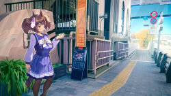 Rule 34 | 1girl, bicycles only sign, blue sky, bow, bowtie, breasts, brown hair, brown pantyhose, bush, closed mouth, commentary request, day, feet out of frame, fox mask, green eyes, hair between eyes, highres, horse girl, horseshoe ornament, inari one (umamusume), large breasts, long sleeves, mask, mask on head, medium bangs, no stopping sign, outdoors, pantyhose, pedestrians only sign, plant, pleated skirt, potted plant, purple shirt, purple skirt, railing, reihou19, road sign, school uniform, shirt, short hair, sign, skirt, sky, smile, solo, speed limit sign, standing, tactile paving, tracen school uniform, tree, twintails, umamusume, white bow, white bowtie, winter uniform