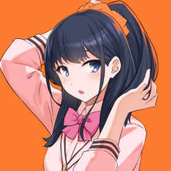 Rule 34 | 10s, 1girl, :o, arm up, bad id, bad pixiv id, black hair, blue eyes, bow, bowtie, cccpo, eyebrows hidden by hair, gridman universe, hair ornament, hair scrunchie, hand up, high ponytail, jacket, long hair, looking at viewer, open mouth, orange background, pink bow, pink bowtie, ponytail, scrunchie, simple background, sleeves past elbows, solo, ssss.gridman, takarada rikka, upper body, white jacket