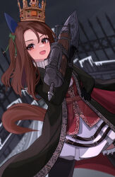 Rule 34 | 1girl, absurdres, alternate costume, animal ears, black coat, black thighhighs, bow, brown hair, coat, crown, dutch angle, ear covers, feet out of frame, fence, gloves, hair bow, hand on own hip, harawata (harawata 000), highres, holding, holding weapon, horse ears, horse girl, horse tail, king halo (umamusume), laughing, long hair, looking at viewer, parted bangs, red eyes, side ponytail, tail, thighhighs, umamusume, weapon