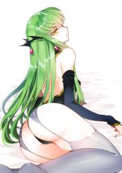 Rule 34 | 1girl, ass, back, c.c., code geass, creayus, detached sleeves, gradient background, green hair, hair ornament, long hair, looking at viewer, looking back, solo, thighhighs, twitter username, yellow eyes