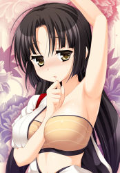 Rule 34 | 10s, 1girl, arm between breasts, arm up, armpits, bandeau, between breasts, black hair, blush, breasts, floral background, kantai collection, katagiri chisato, large breasts, long hair, looking at viewer, open clothes, personification, shouhou (kancolle), solo, sweat, yellow eyes