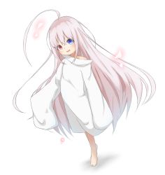 Rule 34 | 1girl, :d, ahoge, bare shoulders, barefoot, blue eyes, clip studio paint (medium), commentary request, full body, grey hair, hair between eyes, heterochromia, highres, idaten93, long hair, long sleeves, off shoulder, open mouth, original, oversized clothes, oversized shirt, red eyes, ruua (idaten93), shirt, sleeves past fingers, sleeves past wrists, smile, solo, standing, very long hair