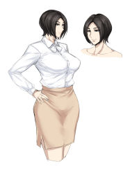 Rule 34 | 1girl, beige skirt, black beat, black hair, bow, breasts, brown eyes, collarbone, collared shirt, commentary request, hand on own hip, highres, kill time communication, large breasts, long sleeves, office lady, pencil skirt, shirt, shirt tucked in, short hair, skirt, smile, standing, white bow, white sleeves