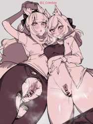 Rule 34 | 2girls, animal ears, arknights, arm up, aunt and niece, bar censor, blemishine (arknights), blush, bow, breasts, censored, clothes pull, commentary request, covered erect nipples, crop top, extra ears, female pubic hair, grey background, hair bow, highres, holding, holding phone, horse ears, horse girl, horse tail, jacket, long hair, mirin chikuwa, monochrome, multiple girls, open clothes, open jacket, open mouth, pantyhose, pantyhose pull, phone, pink theme, pubic hair, pussy, shirt, simple background, small breasts, smile, t-shirt, tail, taking picture, testicles, thick eyebrows, torn clothes, torn legwear, twitter username, wavy mouth, whislash (arknights)