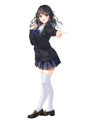 Rule 34 | 1girl, absurdres, black cardigan, black hair, blue bow, blue bowtie, blush, bow, bowtie, brown eyes, brown footwear, cardigan, collarbone, full body, hair ribbon, highres, looking at viewer, medium hair, open mouth, original, outstretched arm, plaid, plaid skirt, pleated skirt, red lips, ribbon, sailor collar, school uniform, sidelocks, simple background, skirt, solo, standing, teeth, thighhighs, unasaka ryou, upper teeth only, white background, white ribbon, white thighhighs, zettai ryouiki