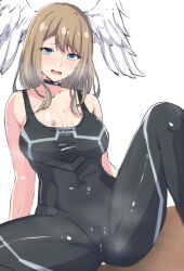Rule 34 | 1girl, absurdres, arms behind back, bare arms, bare shoulders, black bodysuit, black choker, blue eyes, blush, bodysuit, breasts, brown hair, cameltoe, choker, cum, cum in clothes, cum through clothes, dot nose, eunie (xenoblade), feathered wings, head wings, highres, large breasts, latte, long hair, looking at viewer, open mouth, pussy juice, simple background, sitting, solo, spread legs, sweat, white background, wings, xenoblade chronicles (series), xenoblade chronicles 3