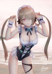 Rule 34 | 1girl, bare shoulders, beach, breasts, brown hair, bunching hair, cleavage, closed mouth, earrings, freze, frilled bracelet, frilled swimsuit, frills, hair over one eye, highres, holding, holding own hair, honkai (series), honkai impact 3rd, jewelry, lipstick, long hair, looking at viewer, maid headdress, makeup, mole, mole under eye, ocean, one-piece swimsuit, one eye closed, outdoors, purple eyes, rita rossweisse, rita rossweisse (phantom iron), sand, smile, solo, standing, sunset, swimsuit, twintails