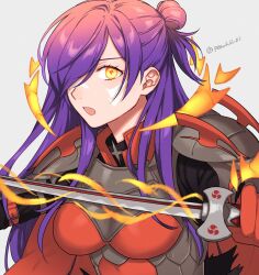 Rule 34 | 1girl, armor, asymmetrical clothes, awakened shez (female), breasts, cape, choker, cleavage, detached horns, facial mark, fire emblem, fire emblem: three houses, fire emblem heroes, fire emblem warriors: three hopes, gloves, glowing, glowing eyes, gradient hair, hair bun, hair over one eye, highres, holding, holding sword, holding weapon, horns, large breasts, long hair, looking at viewer, multicolored hair, nintendo, official alternate costume, open mouth, peach11 01, purple eyes, purple hair, red hair, shez (female) (fire emblem), shez (fire emblem), simple background, single hair bun, solo, sword, twitter username, weapon
