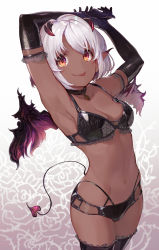 Rule 34 | 1girl, :p, armpits, arms up, black bra, black gloves, black panties, black thighhighs, bra, breasts, cleavage, closed mouth, collar, collarbone, commentary request, cowboy shot, dark-skinned female, dark skin, demon girl, demon horns, demon tail, demon wings, elbow gloves, fang, fang out, floral background, floral print, frilled bra, frilled gloves, frilled thighhighs, frills, gloves, gradient background, grey background, highres, horns, looking at viewer, medium breasts, navel, original, own hands together, panties, pointy ears, print bra, purple wings, red eyes, shirabi, short hair, silver hair, smile, solo, stomach, tail, thighhighs, tongue, tongue out, underwear, underwear only, wings