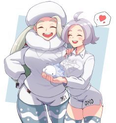Rule 34 | 2girls, absurdres, ahoge, bad id, bad pixiv id, blush, breasts, cleanerjay, closed eyes, commentary request, creatures (company), earrings, eyelashes, game freak, gen 8 pokemon, gloves, gym leader, gym trainer (pokemon), hand on another&#039;s shoulder, hat, heart, highres, holding, holding pokemon, jewelry, korean commentary, large breasts, long hair, mature female, melony (pokemon), multiple girls, nintendo, open mouth, pantyhose, pantyhose under shorts, pokemon, pokemon (creature), pokemon swsh, scarf, shorts, side slit, side slit shorts, silver hair, single glove, smile, snom, spoken heart, sweater, teeth, thighhighs, tongue, white headwear, white scarf, white sweater