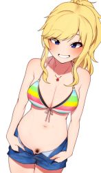 Rule 34 | 1girl, bare shoulders, bikini, blonde hair, blue eyes, blush, breasts, cleavage, cleft of venus, collarbone, commentary request, cowboy shot, denim, denim shorts, dutch angle, female pubic hair, front-tie bikini top, front-tie top, grin, hair ornament, highres, idolmaster, idolmaster cinderella girls, jewelry, long hair, looking at viewer, medium breasts, minakamirin, multicolored bikini, multicolored clothes, navel, necklace, no panties, ohtsuki yui, open fly, ponytail, pubic hair, pussy, short shorts, shorts, simple background, smile, solo, standing, stomach, striped bikini, striped clothes, swimsuit, undressing, white background