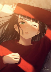 Rule 34 | 1girl, arm on own head, artist name, bad id, bad pixiv id, black hair, green eyes, hair ornament, hairclip, hand on own chest, highres, kurosawa dia, long hair, long sleeves, looking at viewer, love live!, love live! sunshine!!, lying, mole, mole under mouth, on back, one eye closed, papi (papiron100), parted lips, pillow, red sweater, signature, sleeves past wrists, solo, sweater, upper body, window shadow