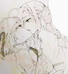 Rule 34 | 2girls, ahoge, anisphia wynn palettia, braid, commentary, couple, euphyllia magenta, eye contact, french braid, french kiss, greyscale, hair ribbon, hand on another&#039;s back, hand on another&#039;s shoulder, highres, jacket, kiss, long hair, long sleeves, looking at another, monochrome, multiple girls, ribbon, s sei 1226, short hair, sweatdrop, symbol-only commentary, tensei oujo to tensai reijou no mahou kakumei, yuri