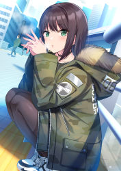 Rule 34 | 1boy, 2girls, :o, black choker, black hair, black legwear, blush, building, camouflage, camouflage coat, choker, city, coat, commentary request, day, full body, fur-trimmed hood, fur trim, fur trimm, green eyes, highres, hood, hood down, hooded coat, idolmaster, idolmaster cinderella girls, long hair, long sleeves, looking at viewer, multiple girls, outdoors, own hands together, pantyhose, parted lips, railing, shibuya rin, shoes, sneakers, solo focus, squatting, tamakaga, unzipped, white footwear, zipper, zipper pull tab