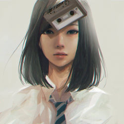 Rule 34 | 1girl, abstract, black eyes, black hair, blouse, cassette tape, chromatic aberration, collared shirt, lips, long hair, looking at viewer, necktie, nose, original, parted lips, realistic, shirt, solo, surreal, teeth, upper body, wataboku, white shirt, wing collar