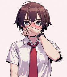 Rule 34 | 1girl, androgynous, antenna hair, arm at side, blush, breast pocket, breasts, brown hair, commentary, covering own mouth, cropped, curled fingers, glasses, gradient eyes, green eyes, hair up, hand to own mouth, looking at viewer, multicolored eyes, necktie, nose blush, original, pink eyes, pocket, red necktie, semi-rimless eyewear, shirt, short hair, short sleeves, simple background, small breasts, solo, sweat, sweatdrop, tomboy, upper body, wang-pac, watch, white background, white shirt, wristwatch